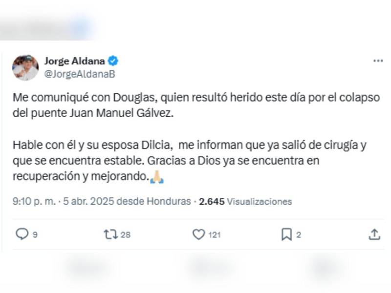 Mensaje publicado por Jorge Aldana, alcalde del Distrito Central.
