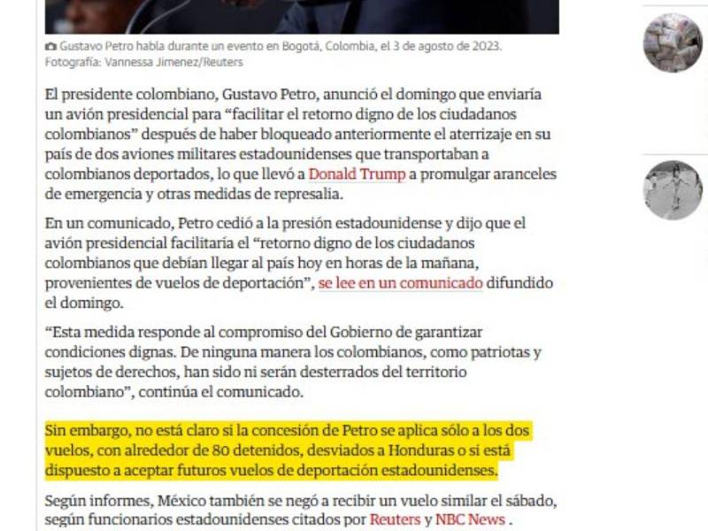 Publicación de The Guardian este domingo, en donde se menciona el desvío de vuelos con migrantes hacia Honduras.