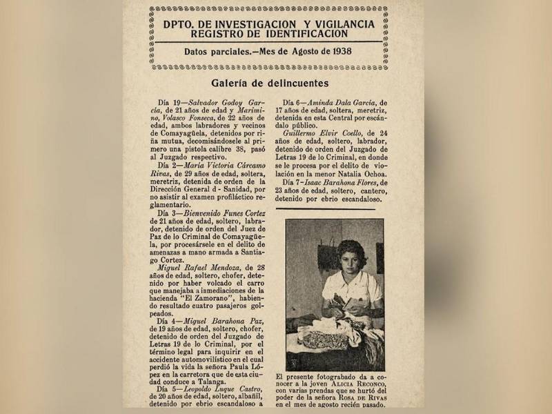 La Revista de Policía documentó en la década de 1930 los casos de mujeres acusadas de hechicería, estafa y robo, entre ellas Martha Rodezno Bueso, una joven señalada por varios hurtos en Tegucigalpa.
