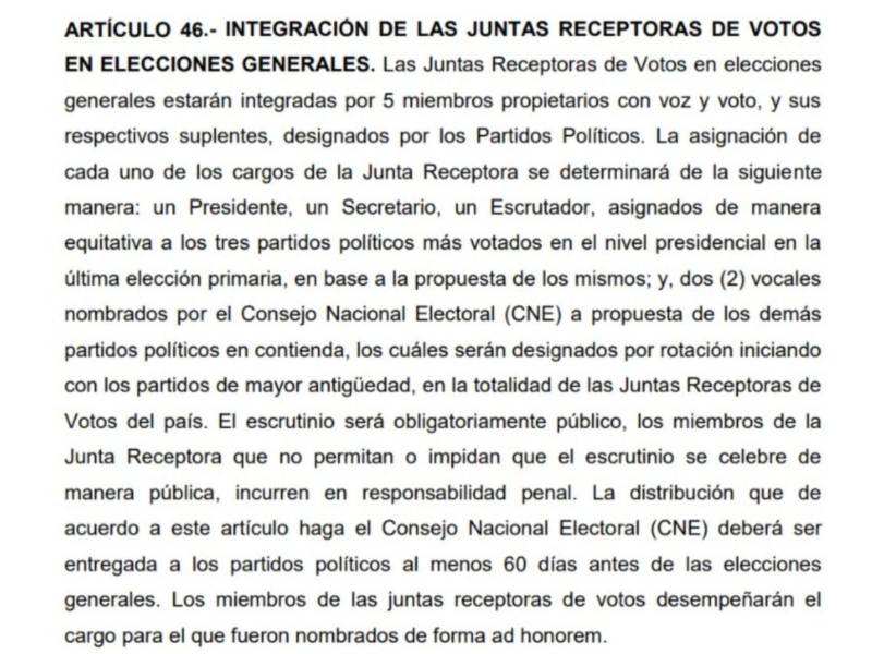 Captura de pantalla al artículo 46 de la Ley Electoral.