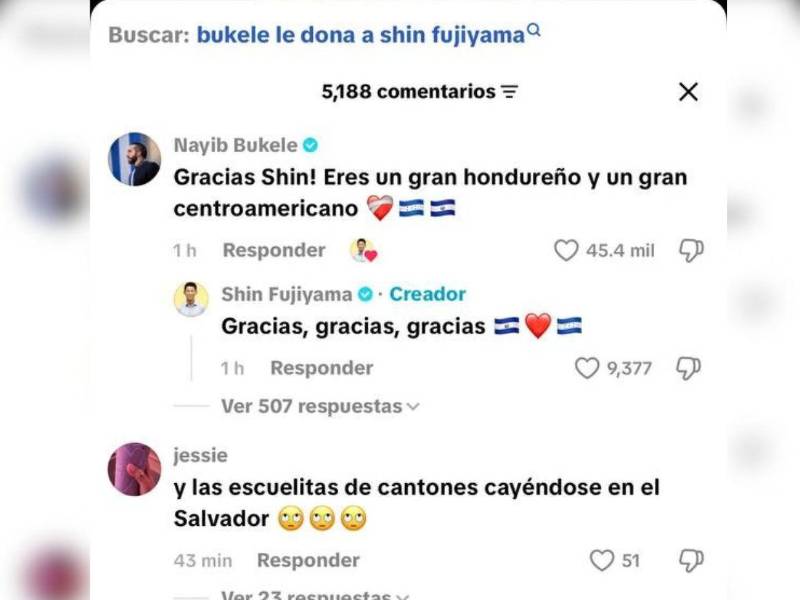 Bukele responde a Shin Fujiyama tras video sobre las escuelas construidas en Honduras