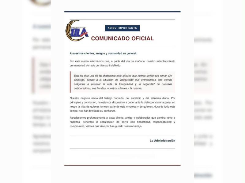 Comunicado con el que la Trasporte Lila anunció la suspención de sus operaciones.
