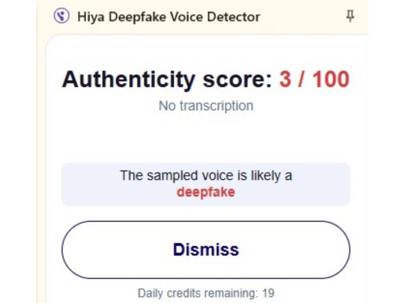 Captura de pantalla a los resultados de la herramienta Hiya de voces falsas hecha el 09 de septiembre de 2025