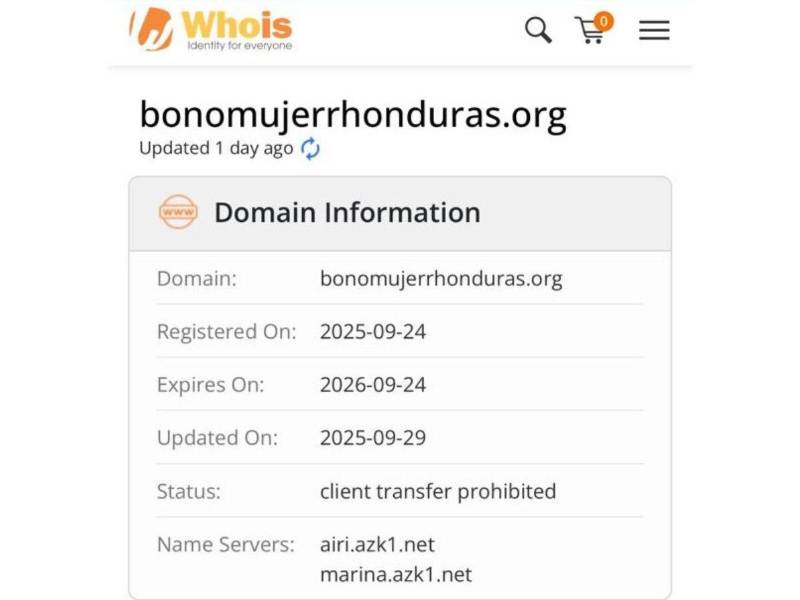 Captura de pantalla al resultado del análisis del dominio en la herramienta Whois.