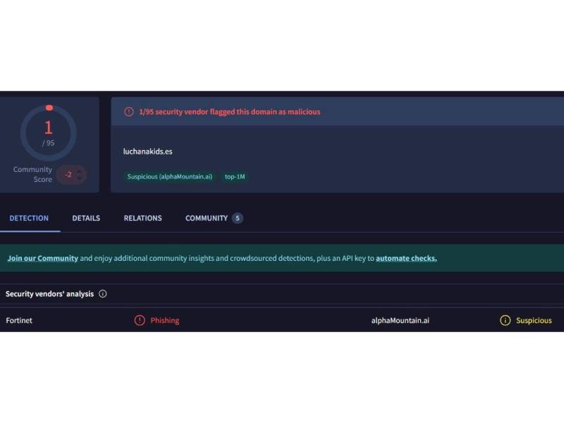 Captura de pantalla a los resultados de VirusTotal sobre el análisis del sitio web.