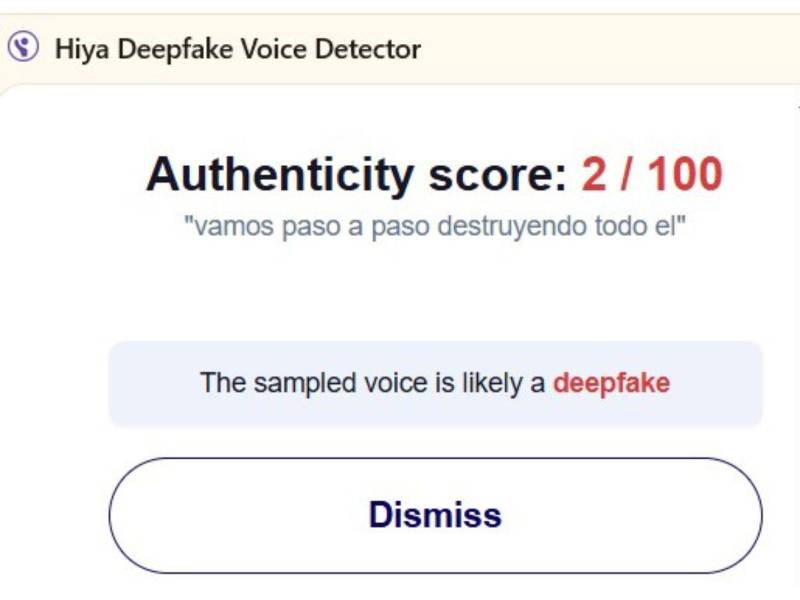 Captura de pantalla a los resultados de Hiya Deepfake Voice Dectector sobre el análisis del audio.