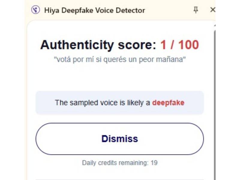 Captura de pantalla al resultado de la herramienta Hiya Deepfake Voice Detector.