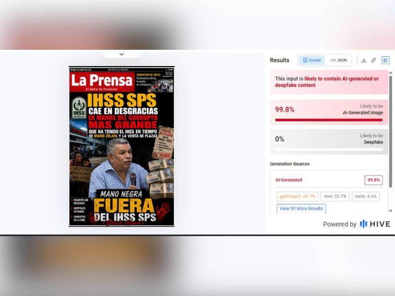 Captura de pantalla a los resultados de la herramienta Hive Moderation.