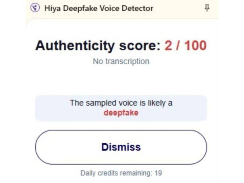 Captura de pantalla a los resultados de Hiya Deepfake Voice Dectector sobre el análisis del audio.