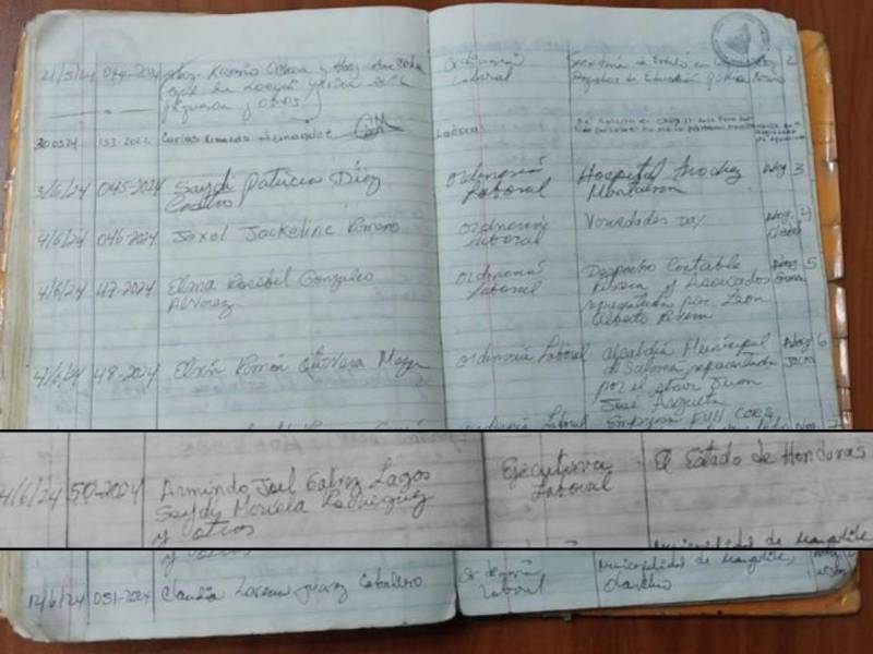 En el libro de entradas del Juzgado de Juticalpa, en Olancho, se registra bajo el expediente 050-2024 el ingreso de la millonaria demanda laboral contra el Estado. EL HERALDO conoció que se trataba de un caso contra Sedesol por casi mil millones de lempiras.