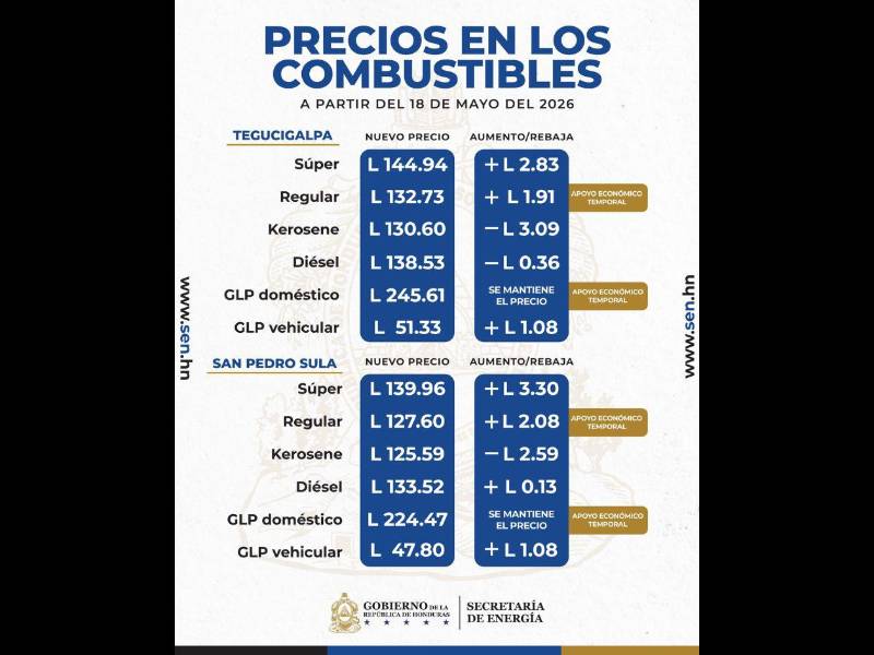 Precios oficiales de los combustibles emitidos por la Secretaria de Energía el 18 de mayo de 2026.