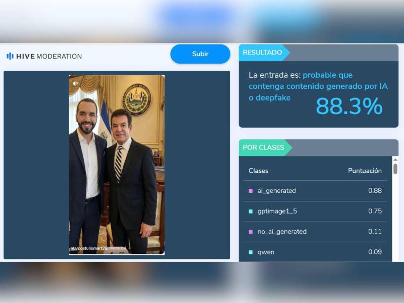 Captura de pantalla a los resultados de la herramienta Hive Moderation.