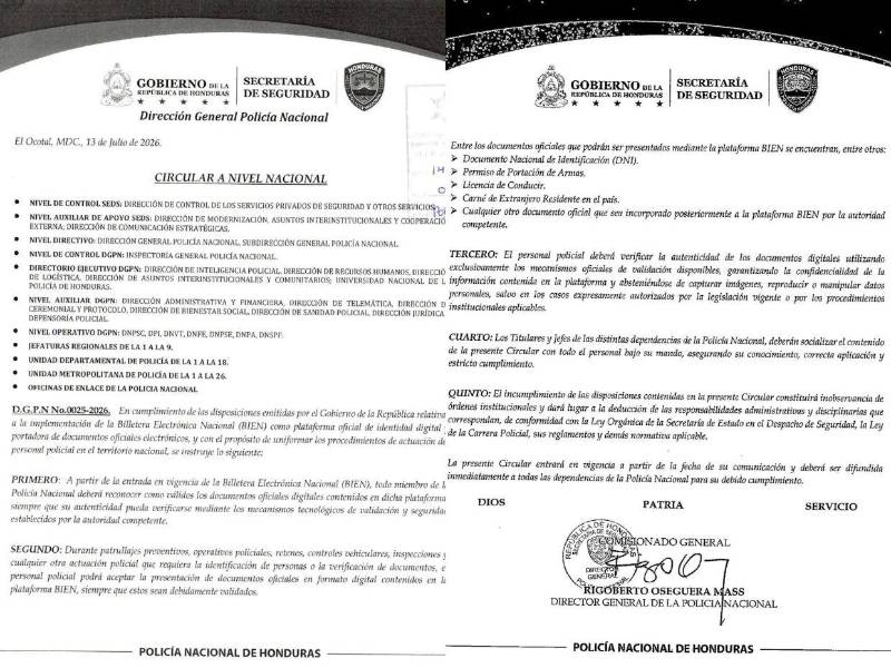 Oficio en el que se confirma que docuementos portados en la Billetera Eléctronica Bien serán aceptados por la Policía Nacional.