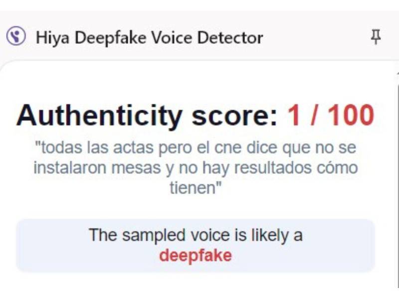 Captura de pantalla a los resultados de Hiya Deepfake Voice Dectector sobre el análisis del video.