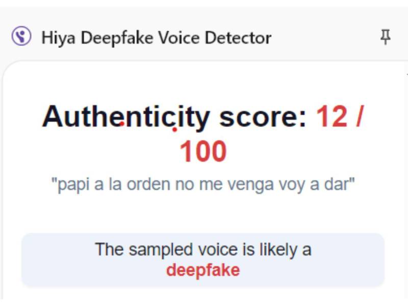 Captura de pantalla a los resultados de Hiya Deepfake Voice Dectector sobre el análisis del audio.