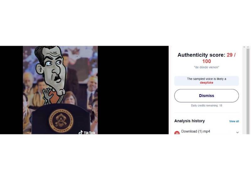 Captura de pantalla a los resultados Hiya Deepfake Voice Detector, hecha el 27 de febrero de 2025.