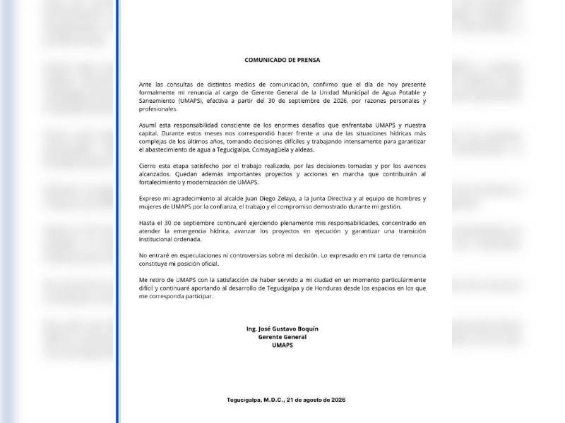 En plena crisis hídrica en la capital, Gustavo Boquín renuncia a la gerencia de UMAPS