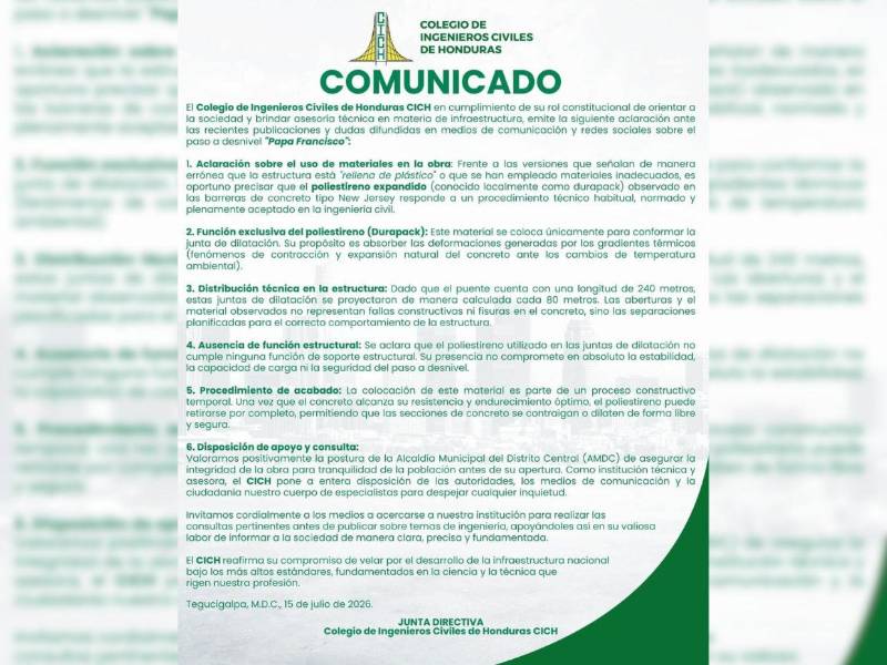El Colegio de Ingenieros Civiles de Honduras se pronunció sobre el uso de durapax en el puente Papa Francisco.
