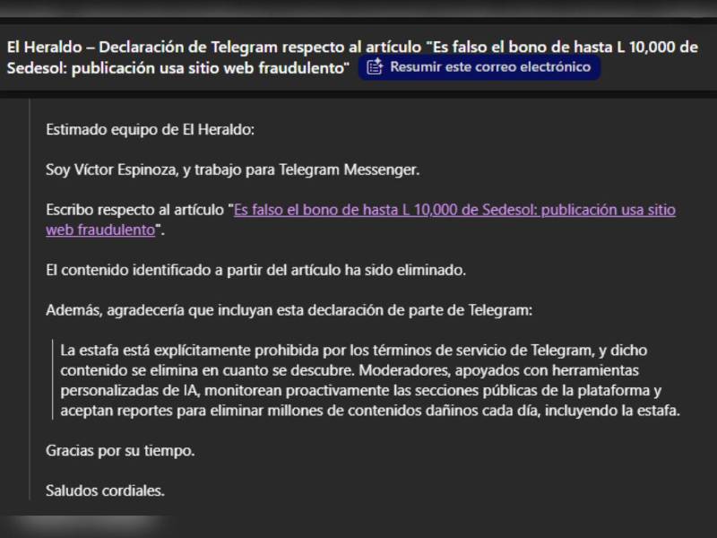 Captura de pantalla enviado de parte de Víctor Espinoza, empleado de Telegram, a EL HERALDO.