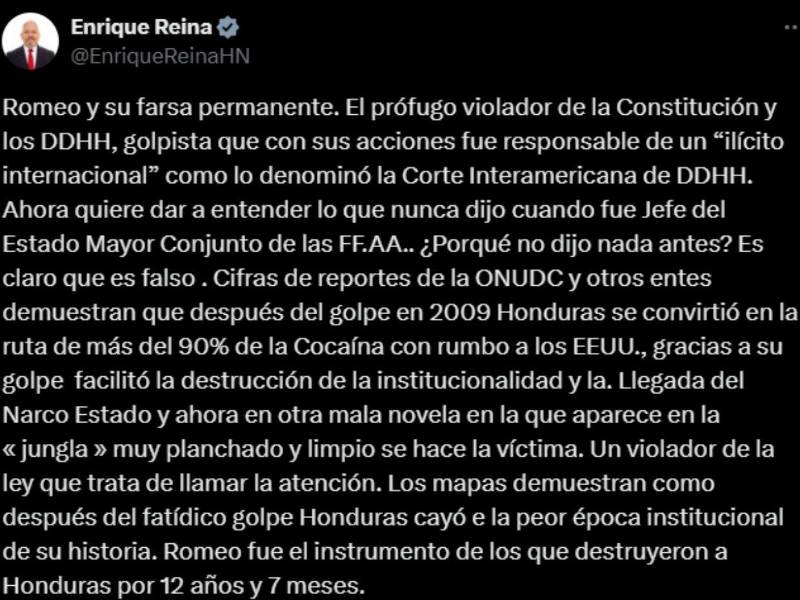 El canciller Enrique Reina aseguró que después del golpe de Estado contra Manuel Zelaya Rosales, se disparó el tráfico de drogas desde Honduras hacia Estados Unidos.