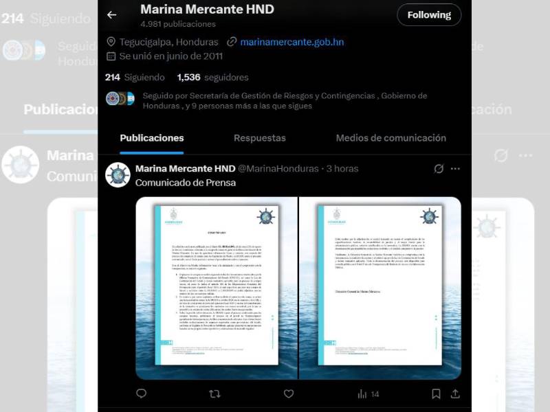 La Marina Mercante posteó un comunicado en X sobre la denuncia, luego lo eliminó.