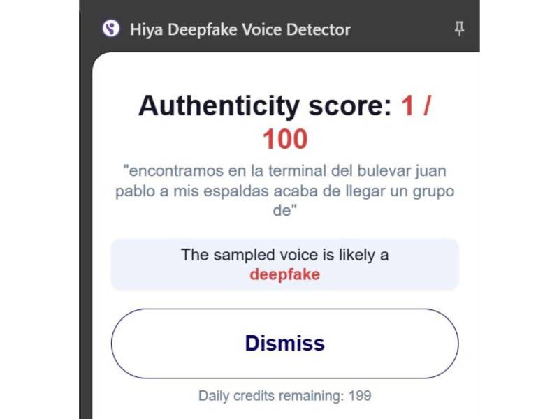 Captura de pantalla a los resultados de Hiya Deepfake Voice sobre el análisis de la video.