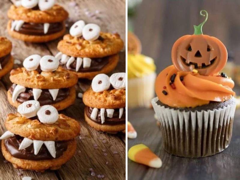 Galletas monstruosas y quequitos o cupcakes de calabaza, dos deliciosas opciones de postres ideales para compartir en Halloween.