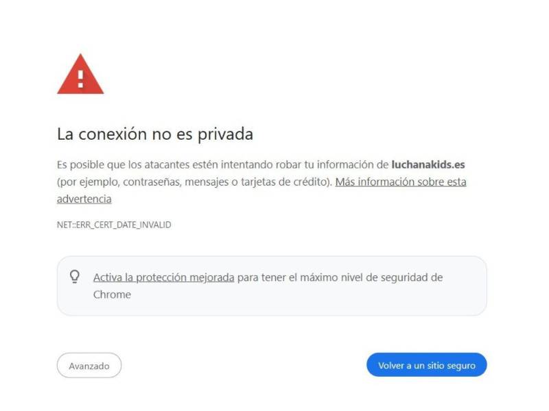 Captura de pantalla a la advertencia que se muestra al intentar acceder al sitio web.