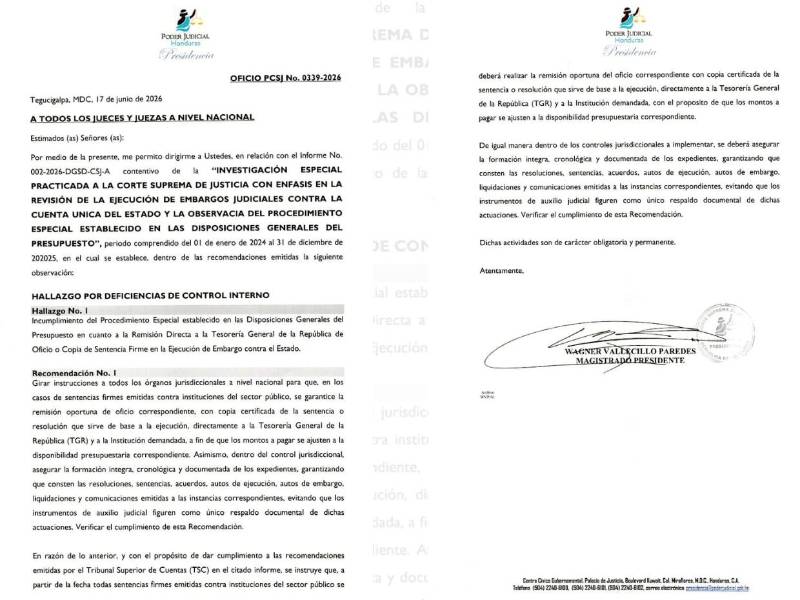 La presidencia de la CSJ recibió los informes de auditoría el 25 de mayo de 2026, sin embargo, hasta el 17 de junio ordenaron regulaciones a los jueces sobre los embargos a nivel nacional.