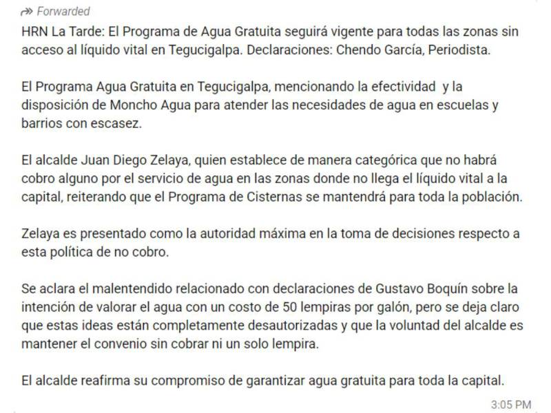 Captura de pantalla al mensaje recibido por el equipo de Juan Diego Zelaya vía WhatsApp.