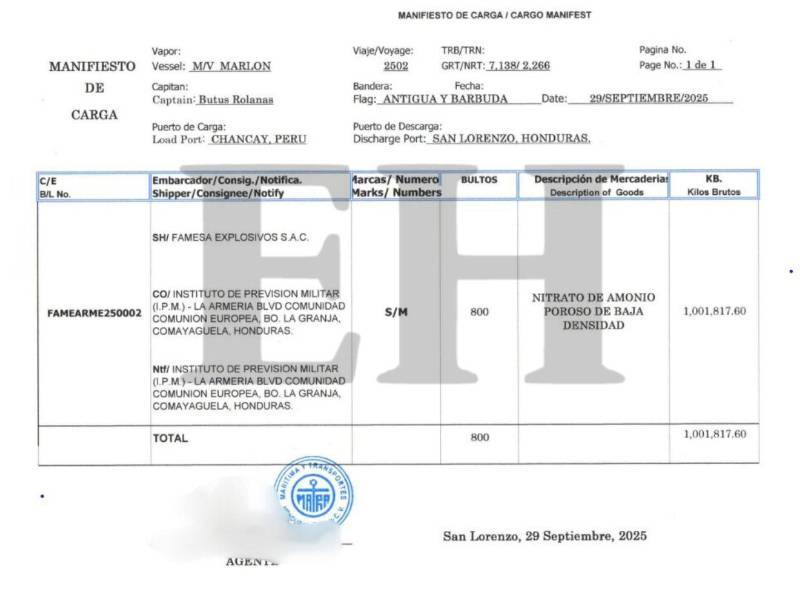 Este es el manifiesto de la Marina Mercante al que EL HERALDO Plus tuvo acceso. Se espera que el nitrato de amonio comprado llegue en las próximas horas.