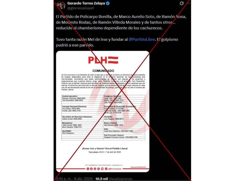 Captura de pantalla a una publicación de X del exvicencanciller de Honduras, Gerardo Torres, hecha el 9 de abril de 2026.