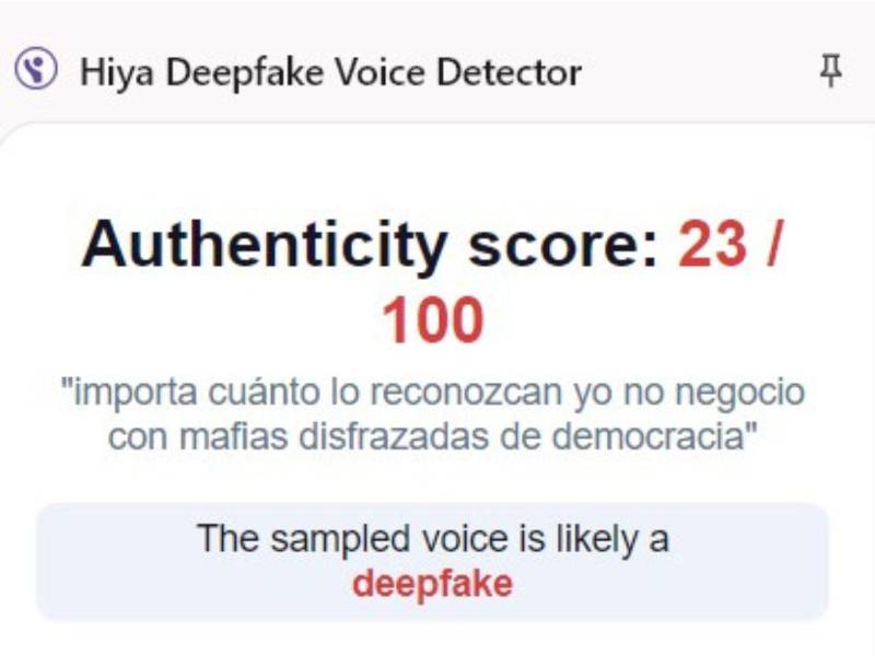 Captura de pantalla a los resultados de Hiya Deepfake Voice Dectector sobre el análisis del video.