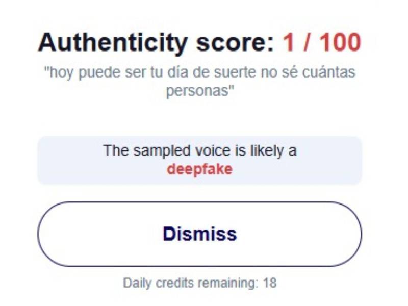 Captura de pantalla a los resultados de la herramienta Hiya de voces falsas hecha el 10 de septiembre de 2025.