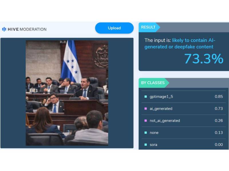 Captura de pantalla a los resultados de Hive Moderation sobre el análisis de la imagen.