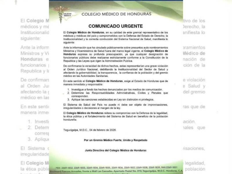 El Colegio Médico solicitó al Estado de Honduras que “de manera inmediata y responsable” investigue la situación.