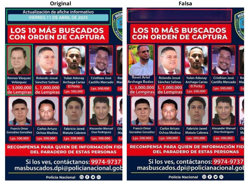 Comparativa entre el afiche real publicado por la Policía Nacional y el falso.