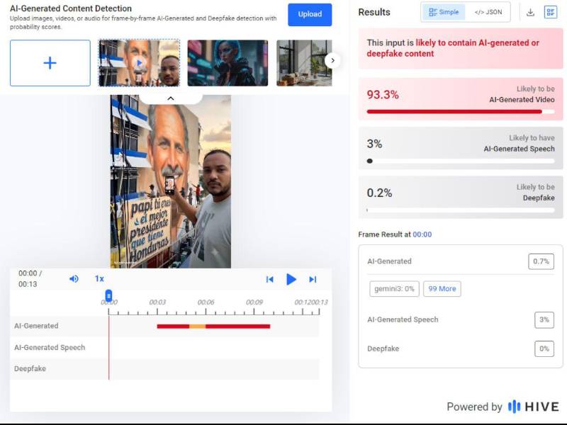 Captura de pantalla a los resultados de Hive Moderation sobre el análisis del video.