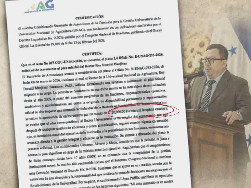 El rector Roy Donando Menjívar, tras asumir el cargo, pidió a la Comisión de Gestión de la Unag la aprobación de un incremento de 20,000 lempiras de plus salarial.