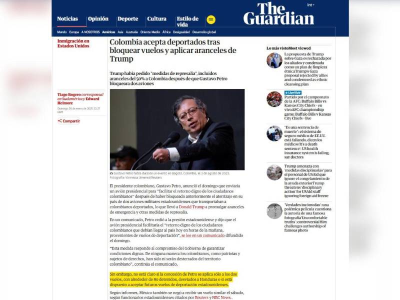 Publicación de The Guardian este domingo, en donde se menciona el desvío de vuelos con migrantes hacia Honduras.