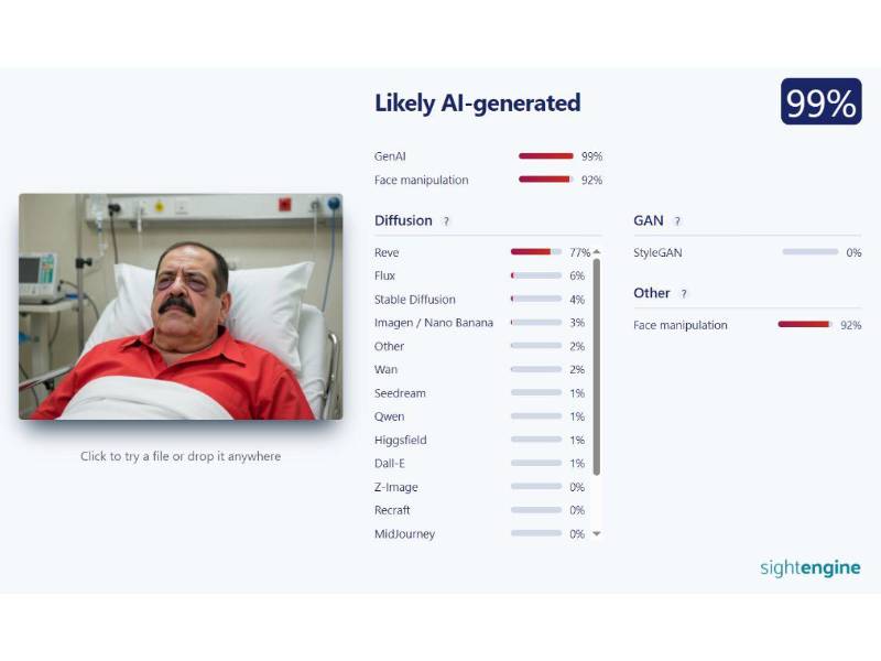 Captura de pantalla a los resultados de Sightengine sobre el análisis de la imagen.