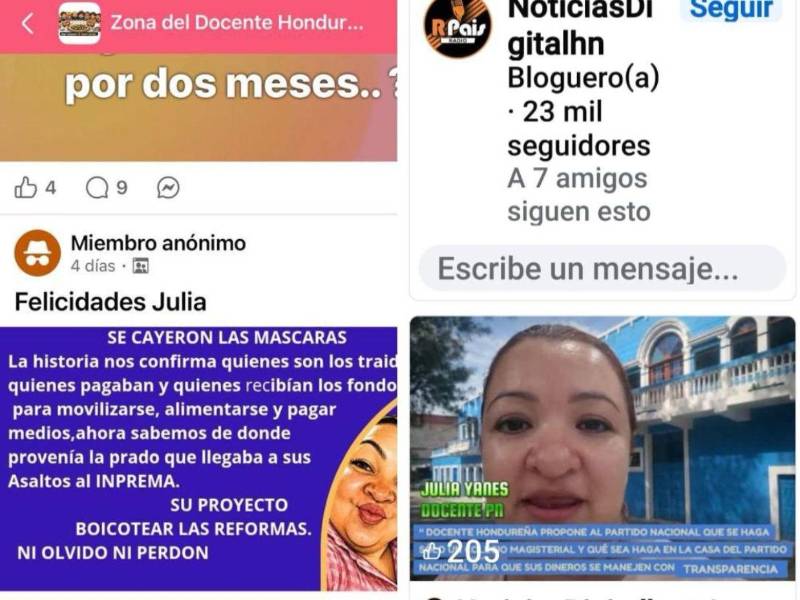 Publicaciones en redes sociales usadas para desprestigiar a la docente Julia Yanes, según denunciaron las bases magisteriales.