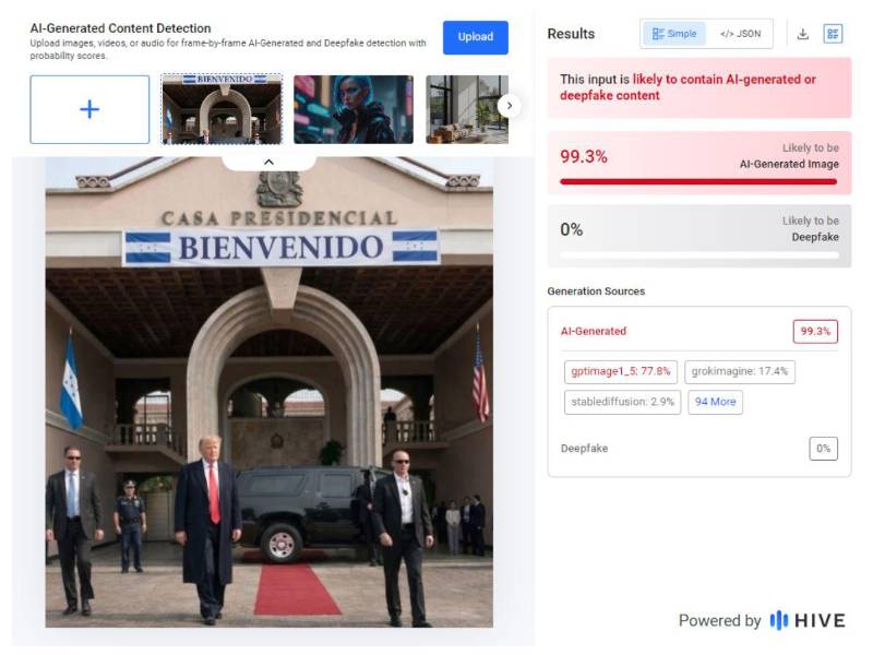 Captura de pantalla a los resultados de Hive Moderation sobre el análisis de la imagen.