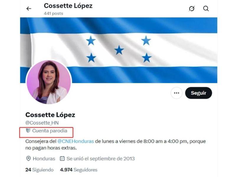 Captura de pantalla al perfil falso de Cossette López en X.