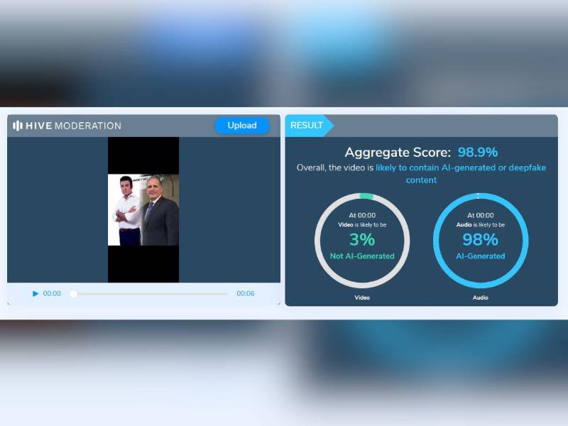 Captura de pantalla a los resultados de la herramienta Hive Moderation.