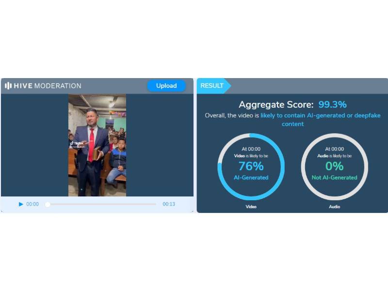 Captura de pantalla a los resultados de Hive Moderation sobre el análisis del video.