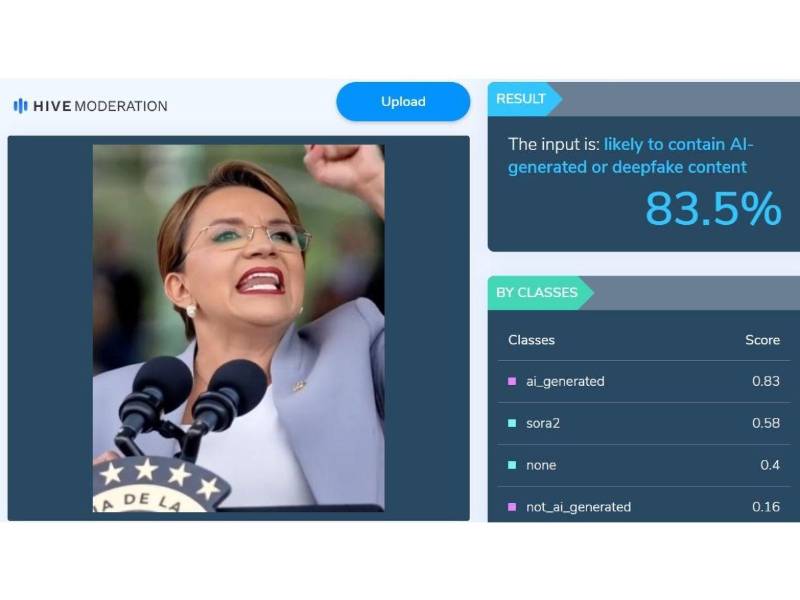 Captura de pantalla a los resultados de Hive Moderation sobre el análisis del video.