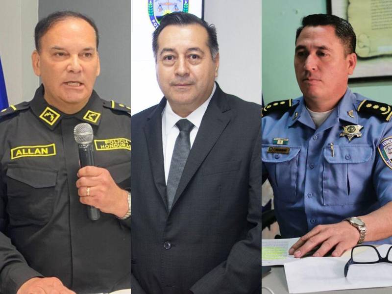 A la izquierda figura el inspector general de la Policía Nacional, comisionado general Farid Allan; en el centro, el subsecretario de Seguridad, Mésil Aguilera; y a la derecha, el director de Inteligencia Policial, Hugo Leonel Velásquez Aguilera.