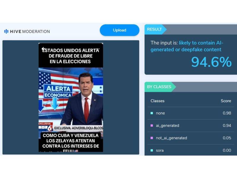 Captura de pantalla a los resultados de Hive Moderation sobre el análisis del video.