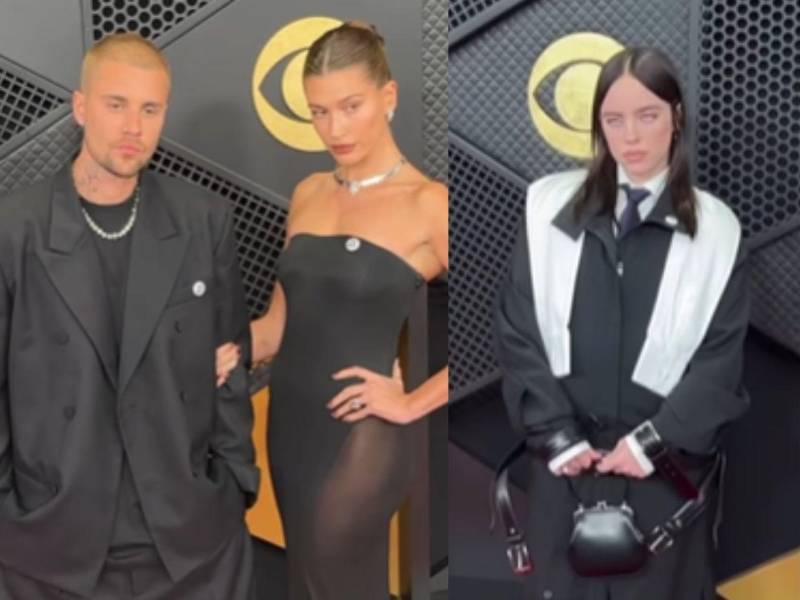 Las cámaras captaron a los artistas posando con los pins mientras llegaban al Crypto.com Arena en el centro de Los Ángeles.